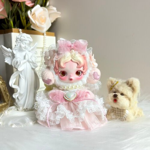 Skullpanda V3 Ghostie Handmade Outfit – Sweet Lolita Pink Lace Dress with Pearl & Heart Brooch