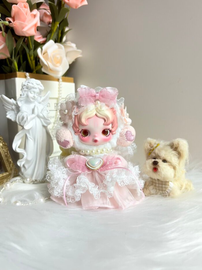 Skullpanda V3 Ghostie Handmade Outfit – Sweet Lolita Pink Lace Dress with Pearl & Heart Brooch