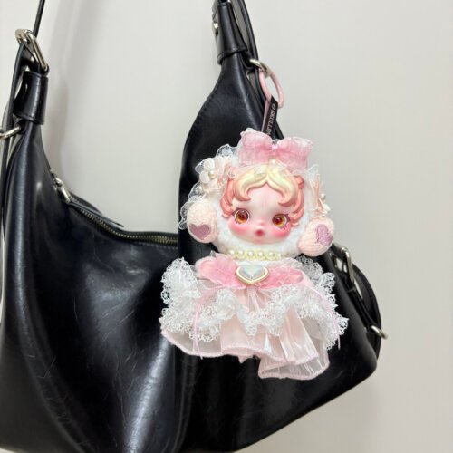 Skullpanda V3 Ghostie Handmade Outfit – Sweet Lolita Pink Lace Dress with Pearl & Heart Brooch