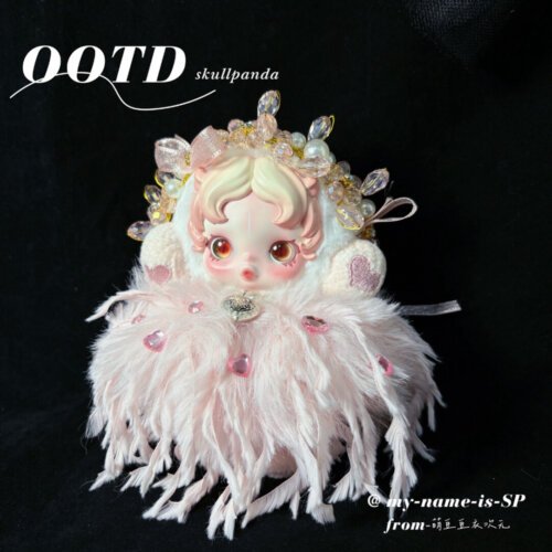 Skullpanda V3 Moldy Muffin Handmade Outfit – Pink Feather Dress with Crystal Accents (Also Fits Ghostie)