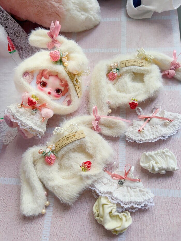 Handmade Skullpanda Outfit – Strawberry Bunny Style Dress for Ghostie | Cute Pastel Doll Clothes with Beads & Lace