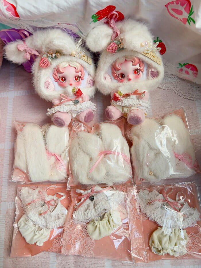 Handmade Skullpanda Outfit – Strawberry Bunny Style Dress for Ghostie | Cute Pastel Doll Clothes with Beads & Lace