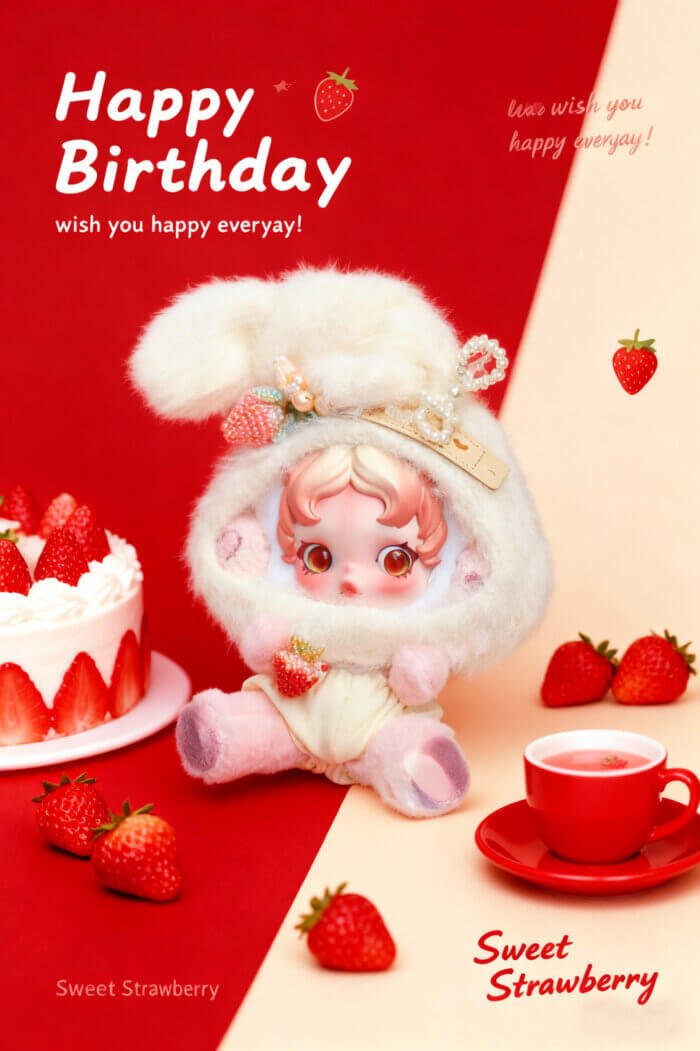 Handmade Skullpanda Outfit – Strawberry Bunny Style Dress for Ghostie | Cute Pastel Doll Clothes with Beads & Lace