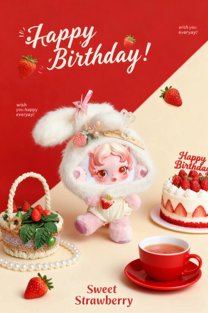 Handmade Skullpanda Outfit – Strawberry Bunny Style Dress for Ghostie | Cute Pastel Doll Clothes with Beads & Lace