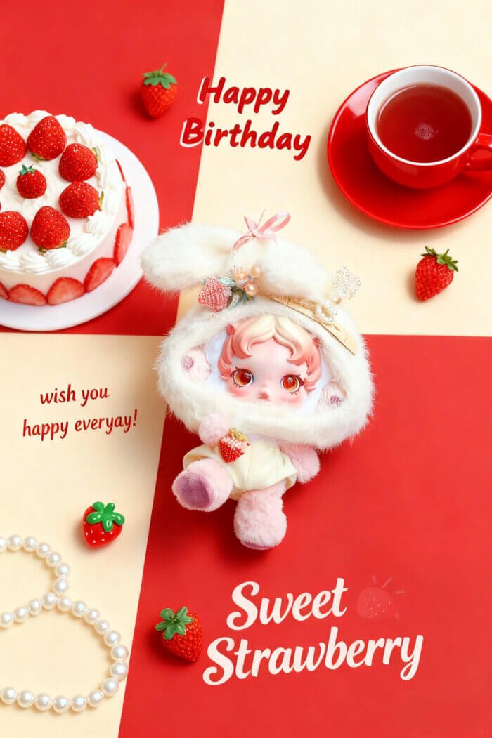 Handmade Skullpanda Outfit – Strawberry Bunny Style Dress for Ghostie | Cute Pastel Doll Clothes with Beads & Lace