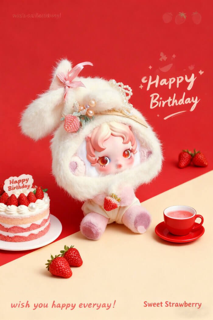 Handmade Skullpanda Outfit – Strawberry Bunny Style Dress for Ghostie | Cute Pastel Doll Clothes with Beads & Lace