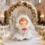 Tenue de mariée blanche Skullpanda avec tiare en cristal, voile en dentelle et arche florale en arrière-plan