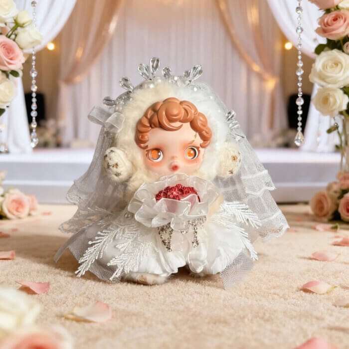 Tenue de mariée Skullpanda Amber présentée dans une scène de mariage avec un bouquet de roses, dans l'allée centrale.