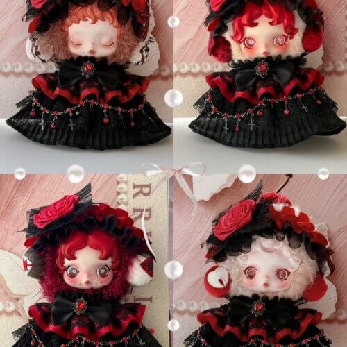 Skullpanda Chomp Handmade Gothic Outfits Skullpanda Chomp red and black handmade OOTD shown on multiple doll variants