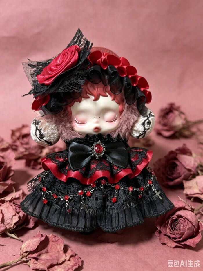 Tenue gothique Skullpanda Chomp avec chapeau en dentelle rose, nœud papillon en satin noir et broche en pierre précieuse rouge