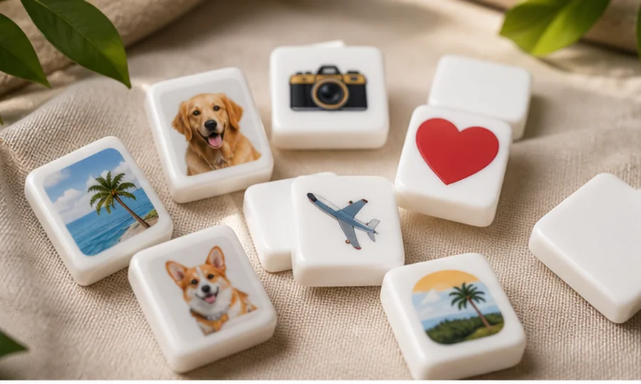 Personalized white melamine tile game pieces with pet and travel artwork