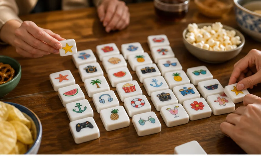 Family game night table with custom white tile matching game pieces and snacks