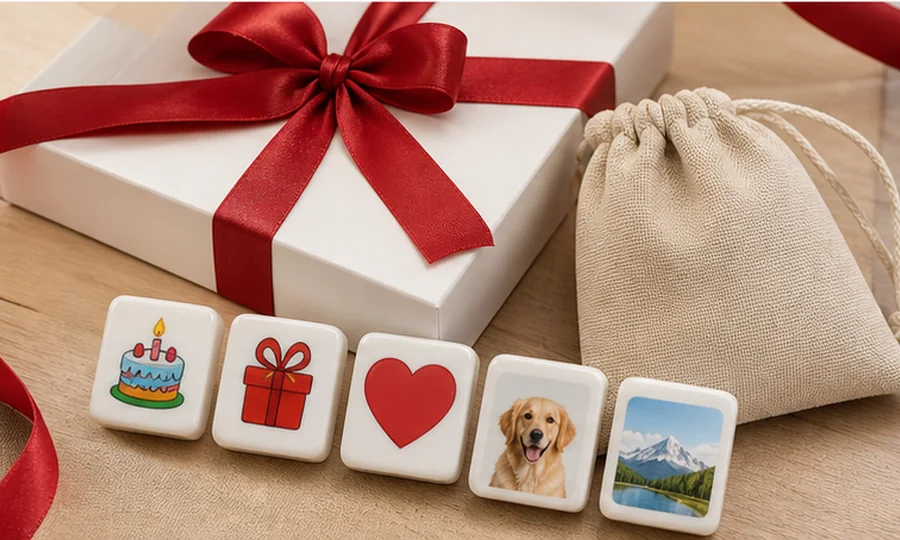 Personalized tile game gift set with red ribbon, fabric pouch, and custom melamine tiles